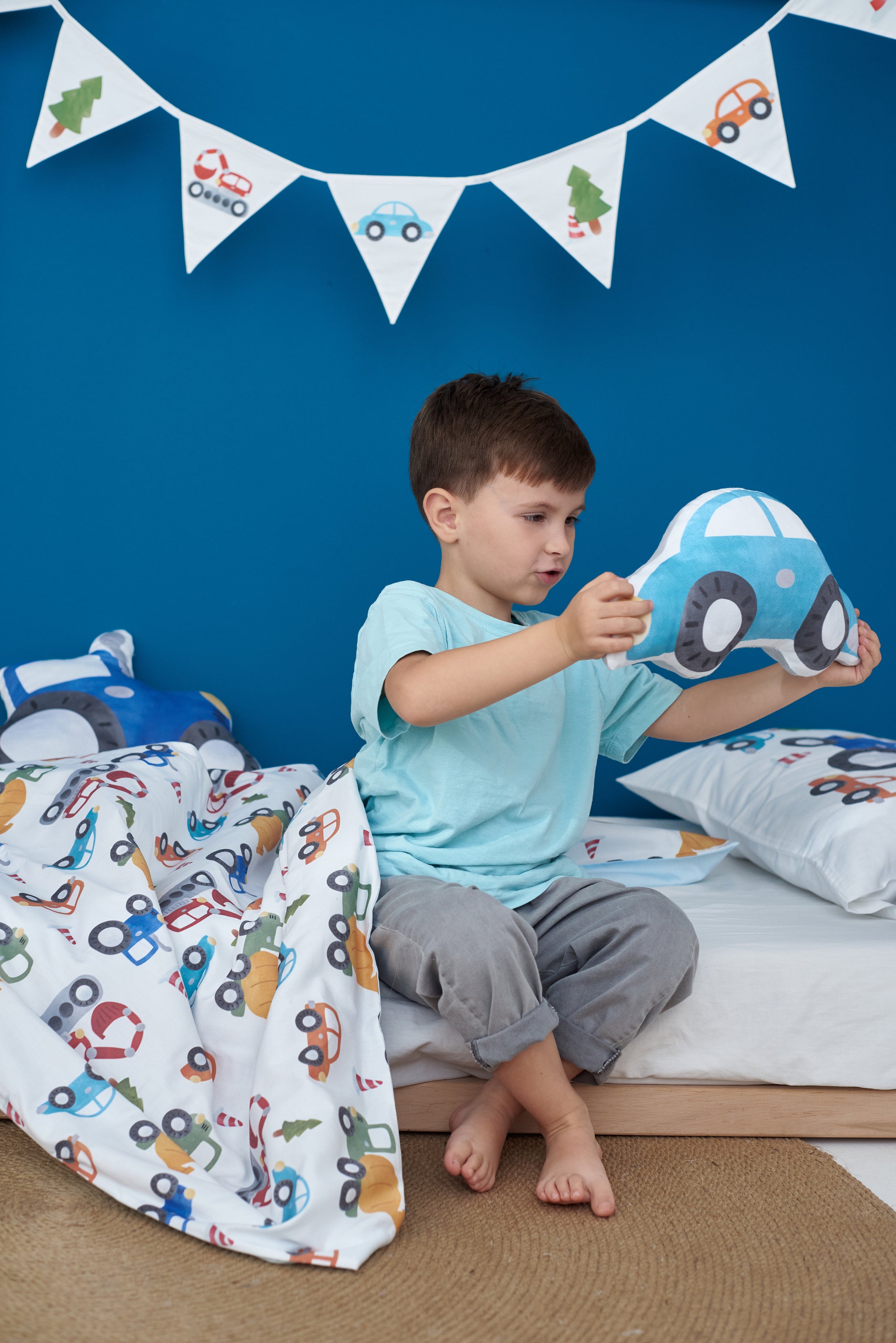 "Акварельні машинки" комплект постільної білизни з органічного сатину з авторським принтом