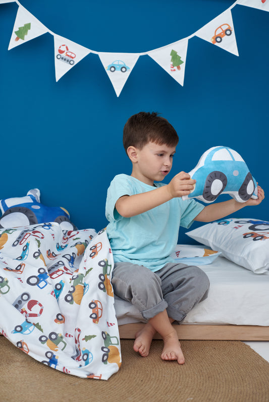 "Акварельні машинки" комплект постільної білизни з органічного сатину з авторським принтом