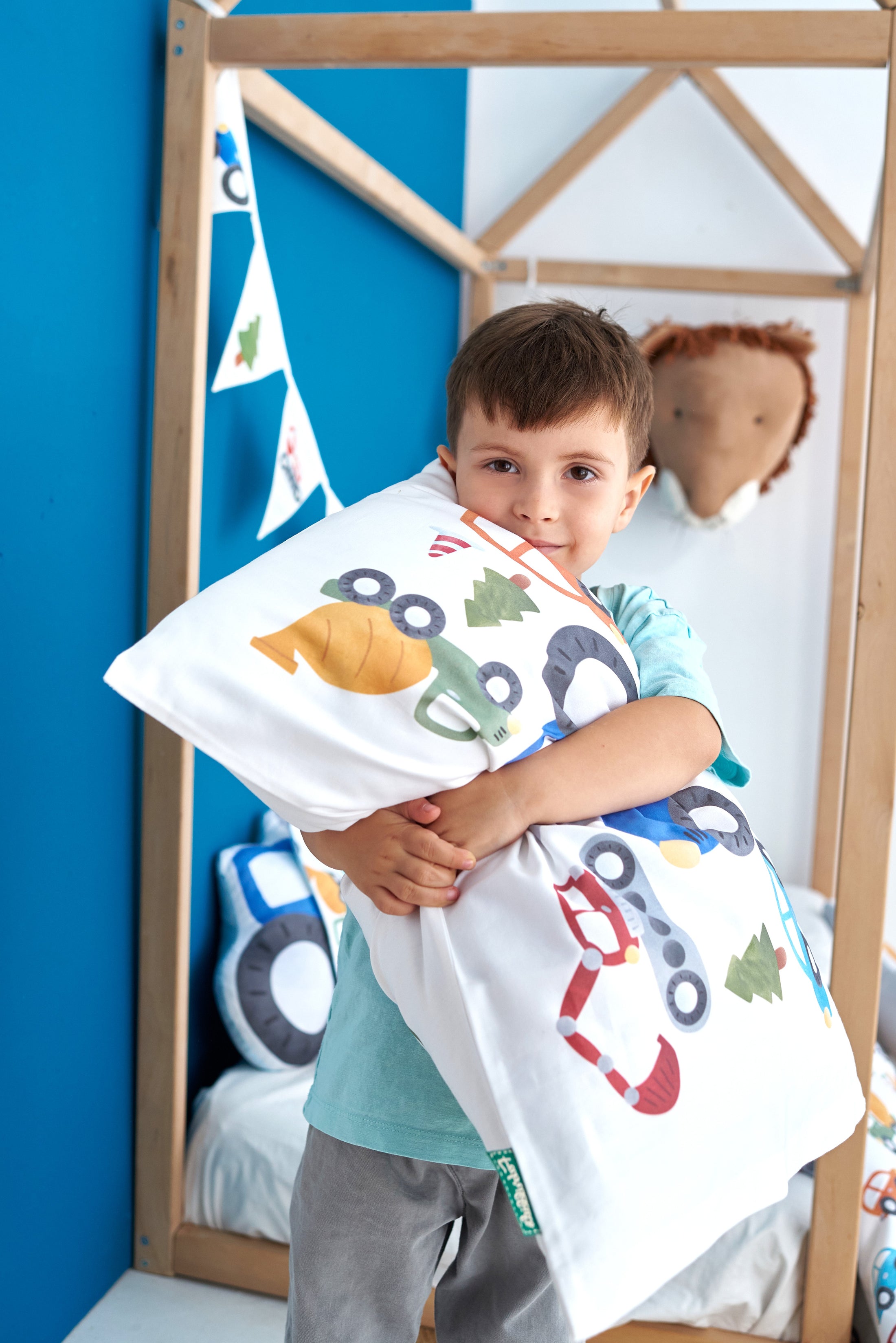 "Акварельні машинки" комплект постільної білизни з органічного сатину з авторським принтом