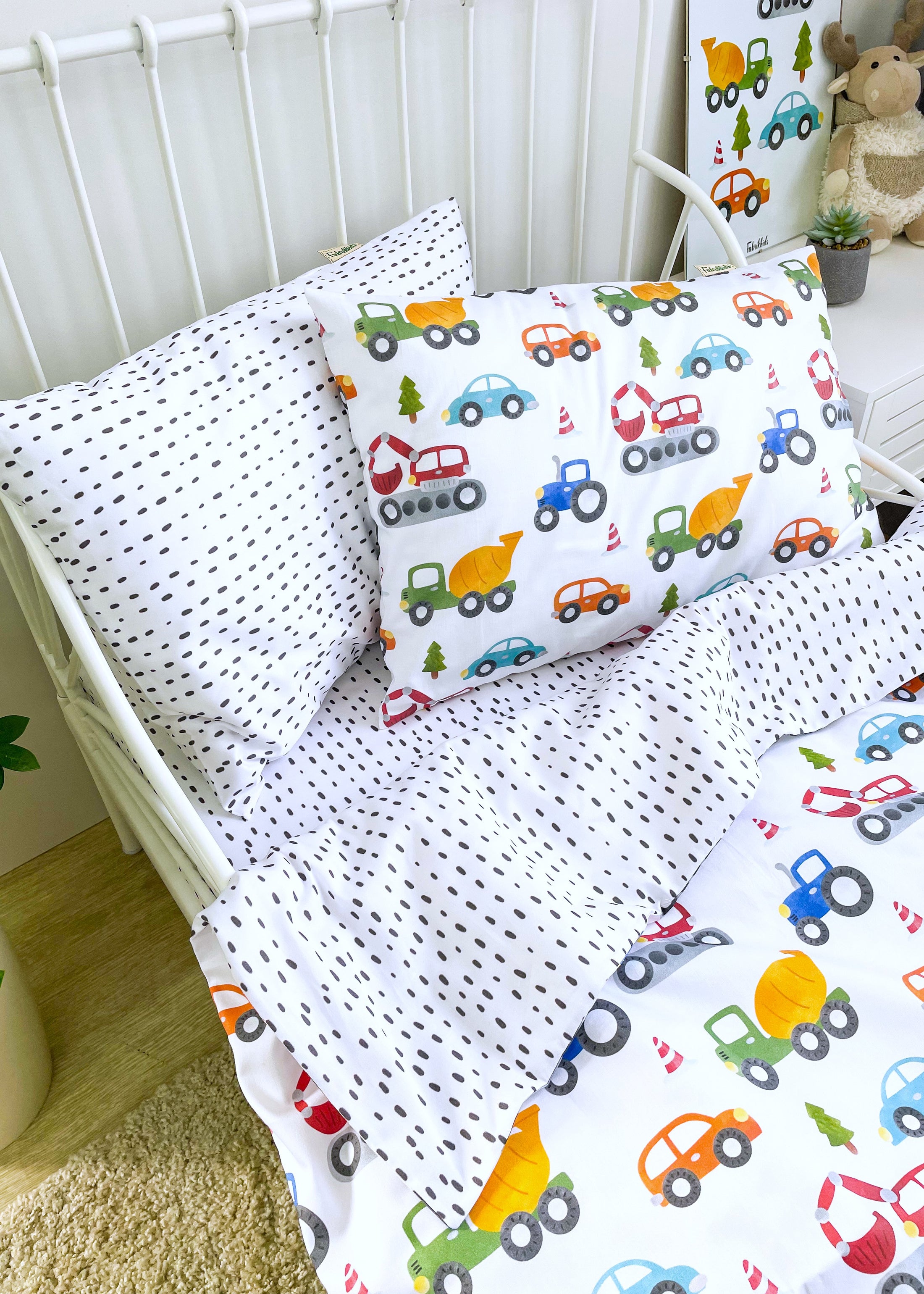 "Акварельні машинки" комплект постільної білизни з органічного сатину з авторським принтом