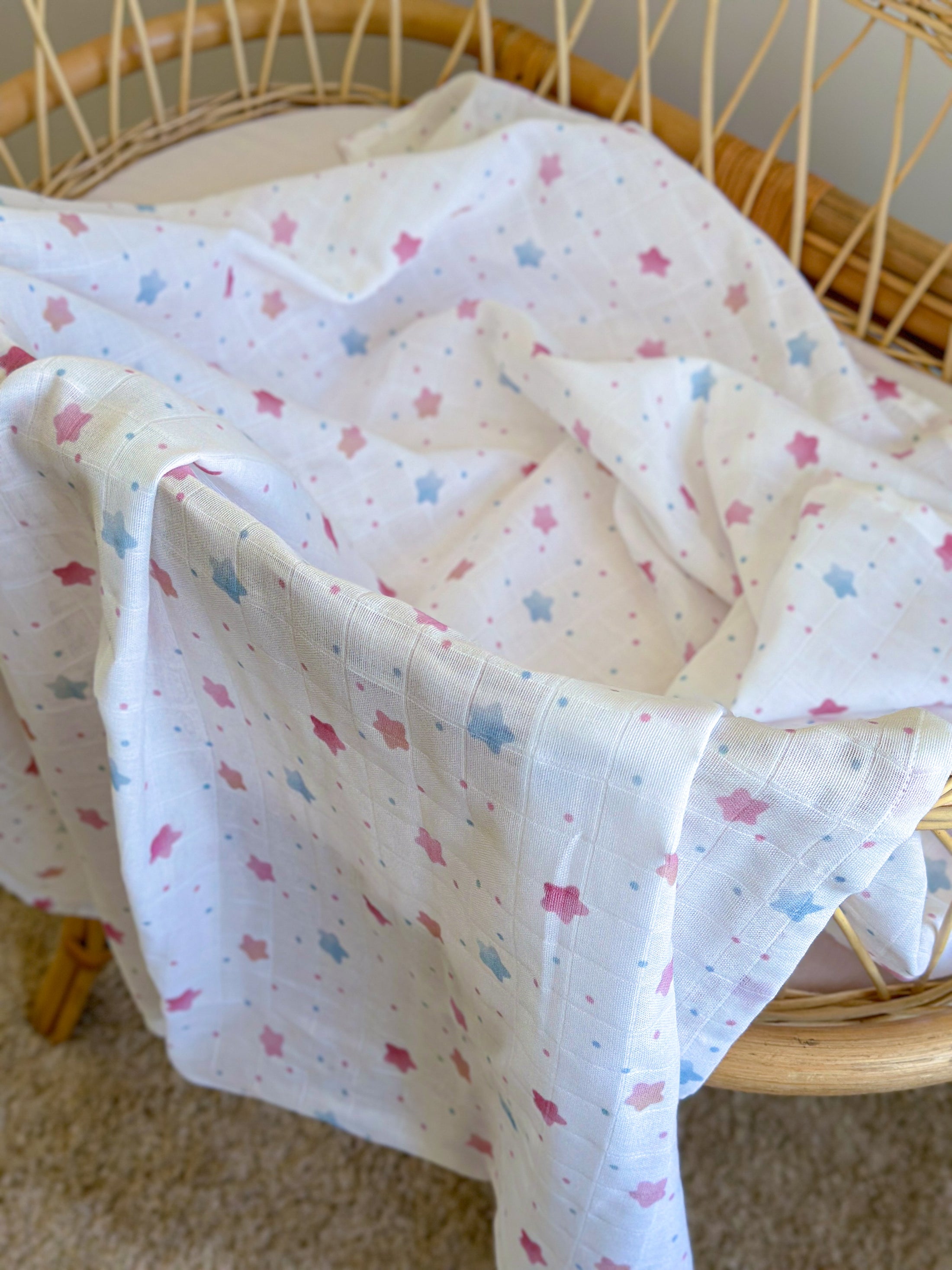 Набір муслінових пелюшок “Ніжні зірочки” — органічна тканина, 50% бавовна + 50% бамбук